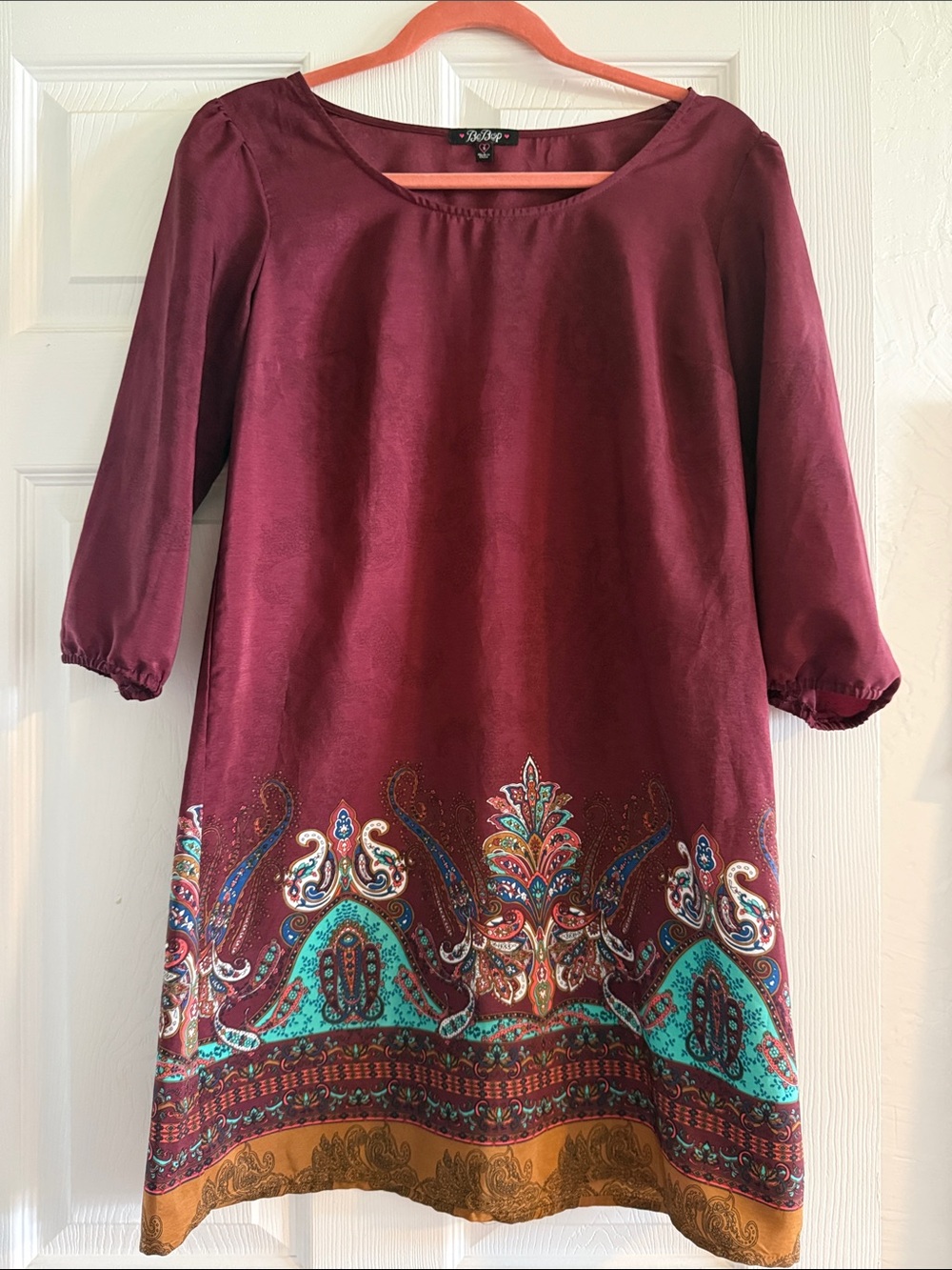 BeBop Burgundy Paisley Mini Dress with Teal and Mustard Trim